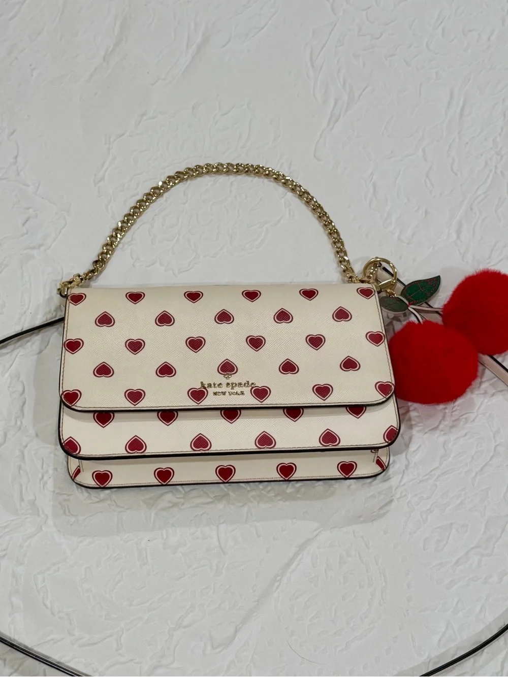 Kate Spade Madison Heart Print Flap Shoulder/Crossbody Bag w/ Cherry Keychain
